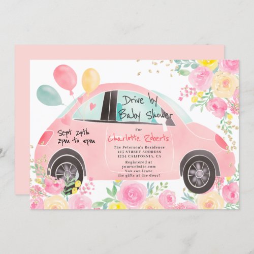 Cute pink floral gold car drive by baby shower invitation