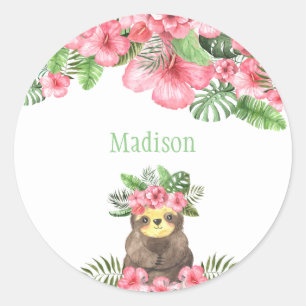 Cute Pink Floral Hawaiian Sloth Animal Name Classic Round Sticker