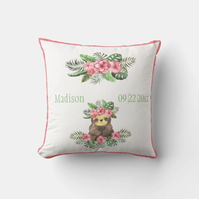 Cute Pink Floral Hawaiian Sloth Animal Name Date Throw Pillow (Front)