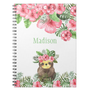 Cute Pink Floral Hawaiian Sloth Animal Name Notebook