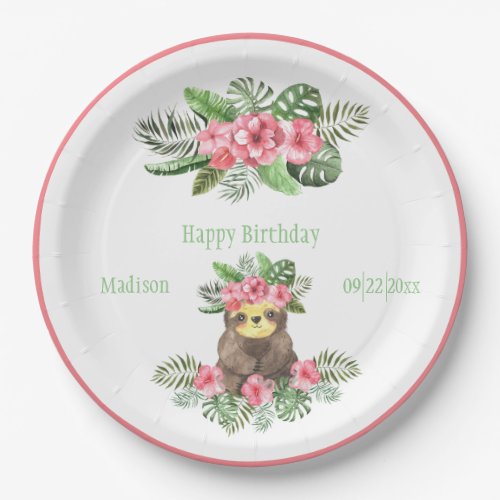 Cute Pink Floral Hawaiian Sloth Animal Name Paper Plates