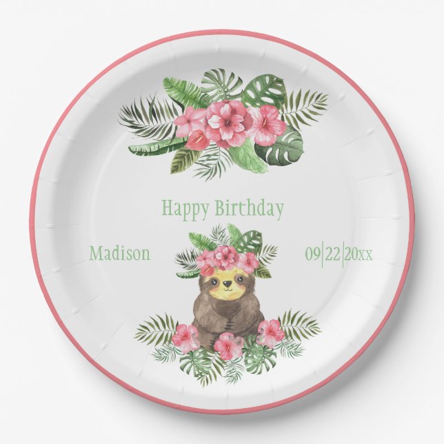 Cute Pink Floral Hawaiian Sloth Animal Name Paper Plates (Front)