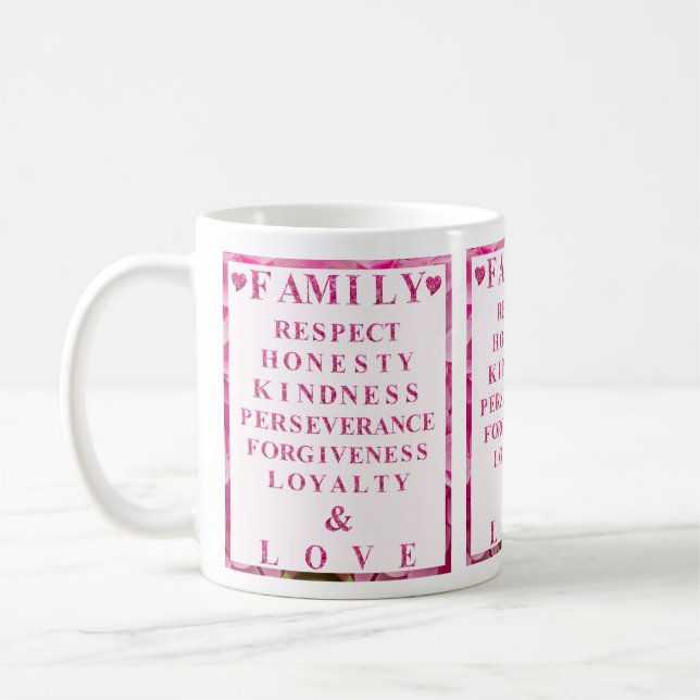 Cute Pink Floral Hearts & Lettering, Family Values Coffee Mug (Left)
