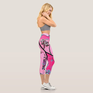 Cute Pink Floral High Waisted Capri Leggings