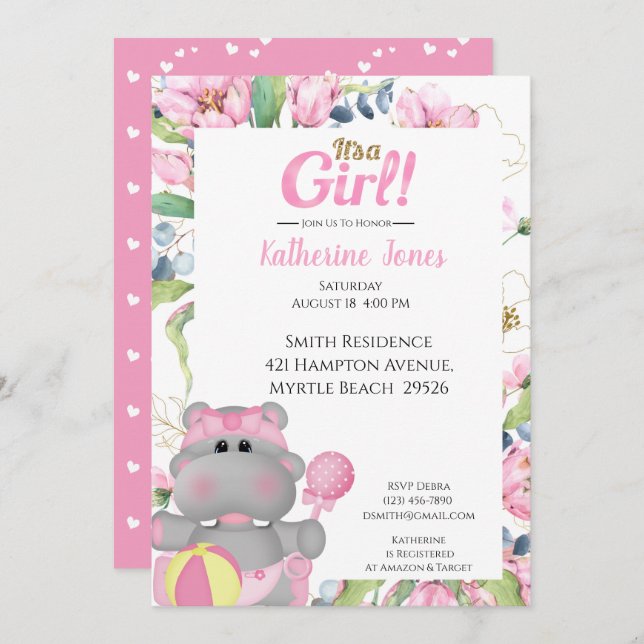 Cute Pink Floral Hippo Baby Shower  Invitation (Front/Back)