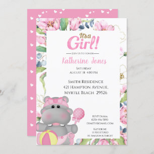 Cute Pink Floral Hippo Baby Shower Invitation