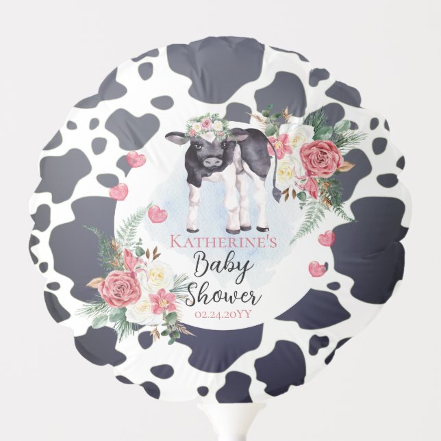 Cute Pink Floral Holy Cow Girl Baby Shower Balloon (Front)