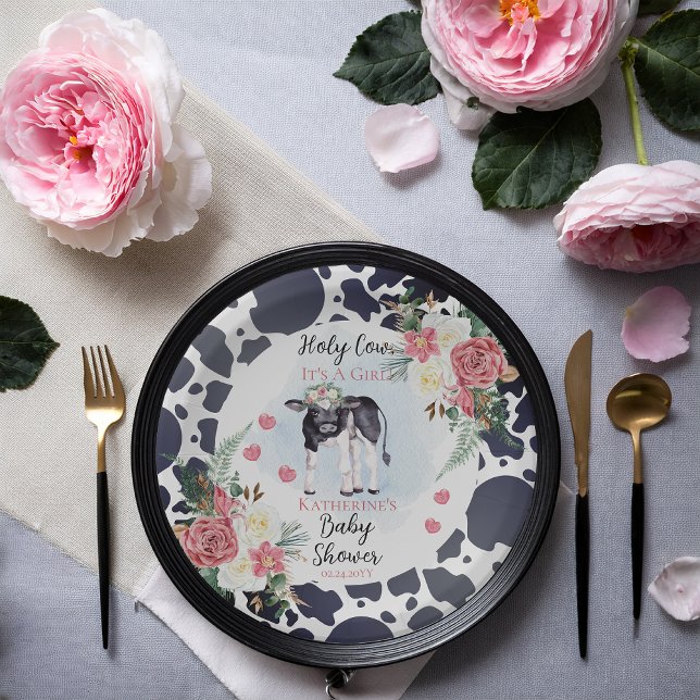 Cute Pink Floral Holy Cow, It's A Girl Baby Shower Paper Plates (Cute "Holy Cow, It's A Girl!" Black and White Cow Theme | Pink Floral Baby Shower Paper Plates)