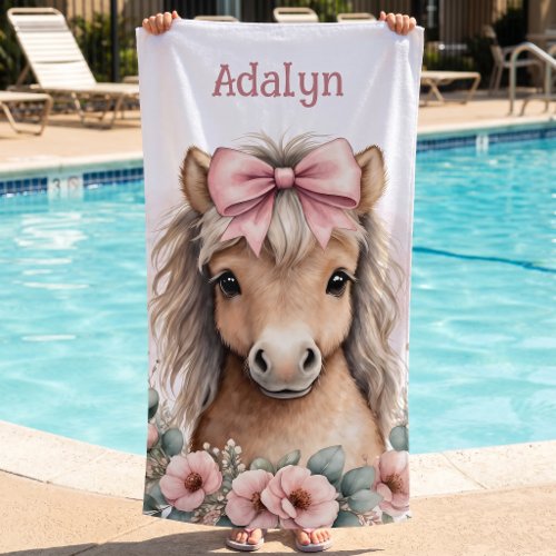 Cute Pink Floral Horse Personalized Name  Beach Towel