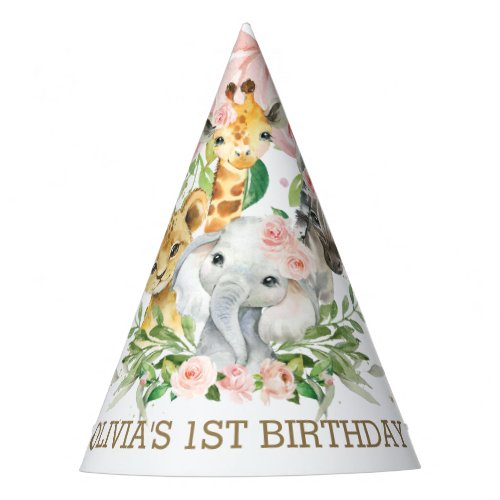 Cute Pink Floral Jungle Animals 1st Birthday Cone Party Hat