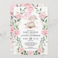 Cute Pink Floral Lamb Balloons Girl Baby Shower Invitation