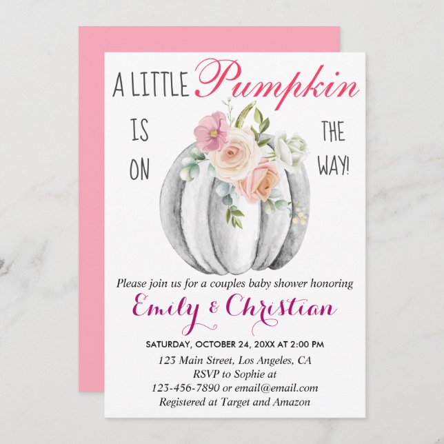 Cute Pink Floral Little Pumpkin Couple Baby Shower Invitation (Front/Back)