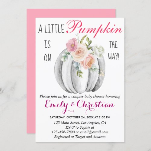 Cute Pink Floral Little Pumpkin Couple Baby Shower Invitation