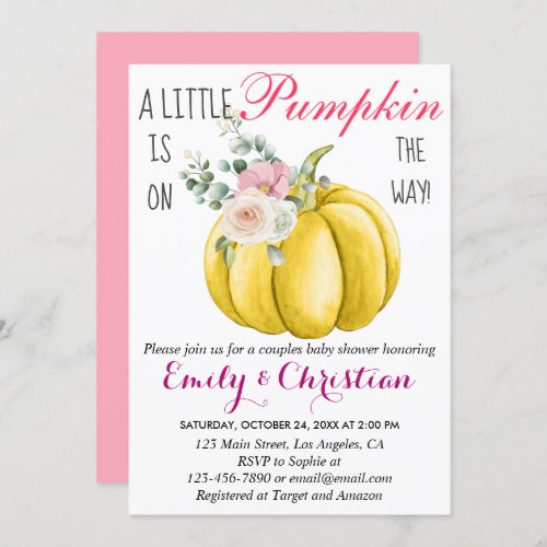 Cute Pink Floral Little Pumpkin Couple Baby Shower Invitation