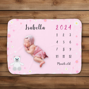 Cute Pink Floral Milestone Baby Blanket