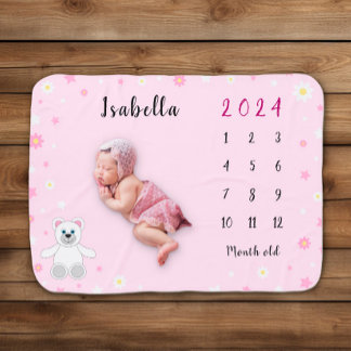 Cute Pink Floral Milestone Baby Blanket