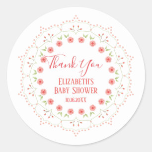 Cute Pink Floral Minimalist Calligraphy Wreath Classic Round Sticker