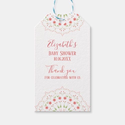 Cute Pink Floral Minimalist Calligraphy Wreath Gift Tags