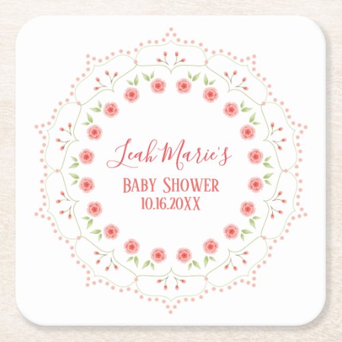Cute Pink Floral Minimalist Calligraphy Wreath Square Paper Coaster