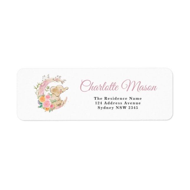 Cute Pink Floral Moon Girl Elephant Baby Girl Label (Front)