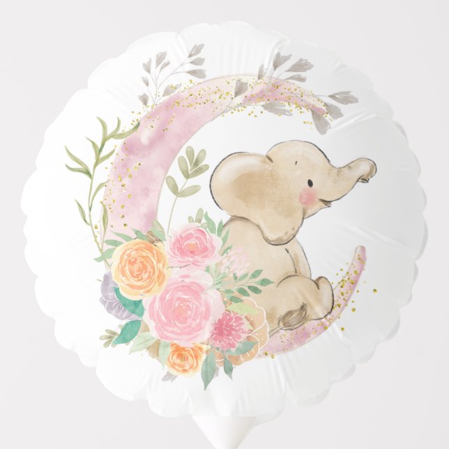 Cute Pink Floral Moon Girl Elephant Baby Shower Balloon (Front)