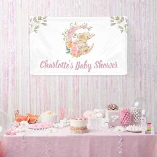 Cute Pink Floral Moon Girl Elephant Baby Shower Banner