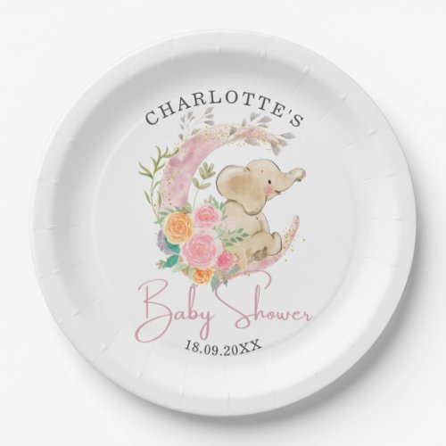 Cute Pink Floral Moon Girl Elephant Baby Shower Paper Plates