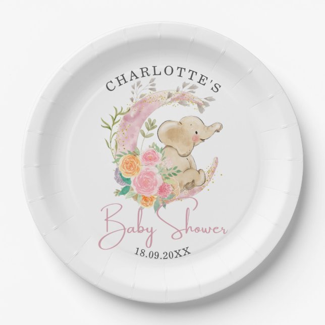 Cute Pink Floral Moon Girl Elephant Baby Shower Paper Plates (Front)