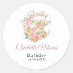 Cute Pink Floral Moon Girl Elephant Birthday Classic Round Sticker at Zazzle