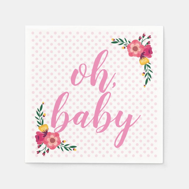 Cute Pink Floral Oh Baby Baby Shower Napkins (Front)