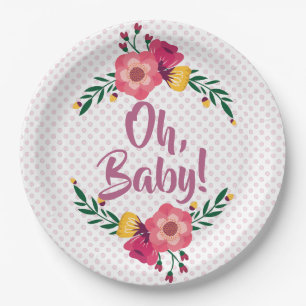 Cute Pink Floral Oh Baby Baby Shower Paper Plates