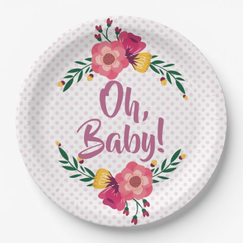 Cute Pink Floral Oh Baby Baby Shower Paper Plates