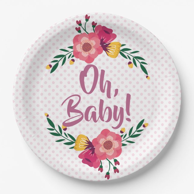 Cute Pink Floral Oh Baby Baby Shower Paper Plates (Front)