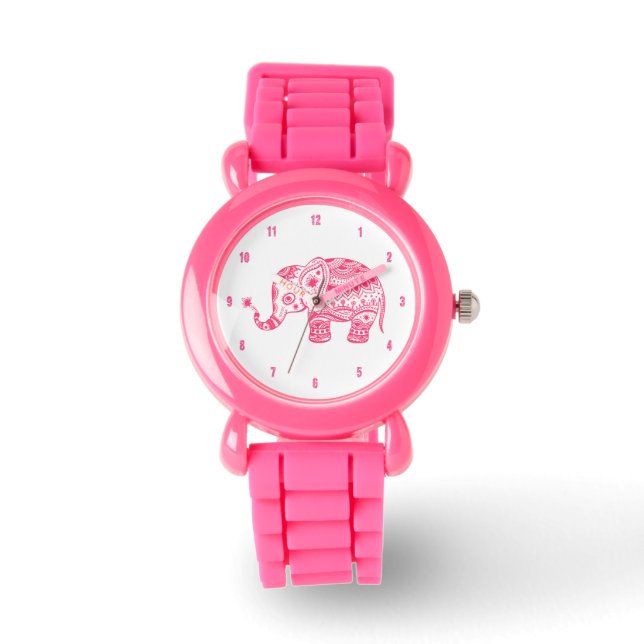 Cute Pink Floral Paisley Elephant Illustration Watch (Front)