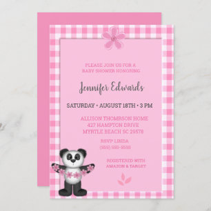Cute Pink Floral Panda Bear Baby Shower Invitation