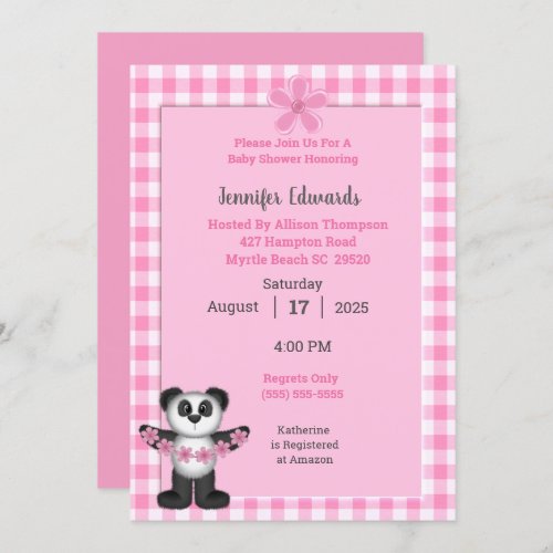  Cute Pink Floral Panda Bear Baby Shower  Invitation