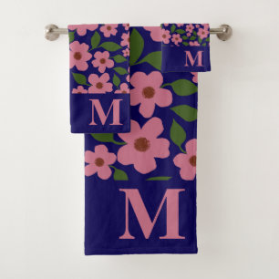Cute pink floral pattern Monogram Bath Towel Set