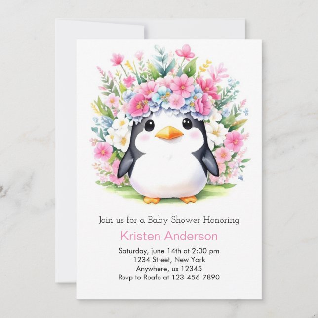 Cute Pink Floral Penguin Wonderland Baby Shower Invitation (Front)