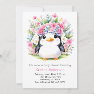 Cute Pink Floral Penguin Wonderland Baby Shower Invitation