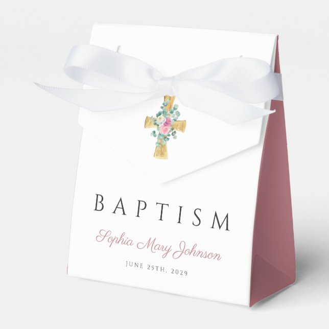 Cute Pink Floral Peonies Cross Baptism Favor Boxes (Front Side)