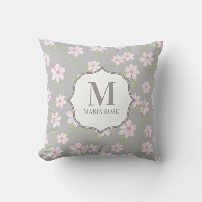 Cute Pink Floral Personalized  Throw Pillow (Front)