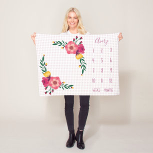 Cute Pink Floral Polka Dot Baby Milestone Fleece Blanket