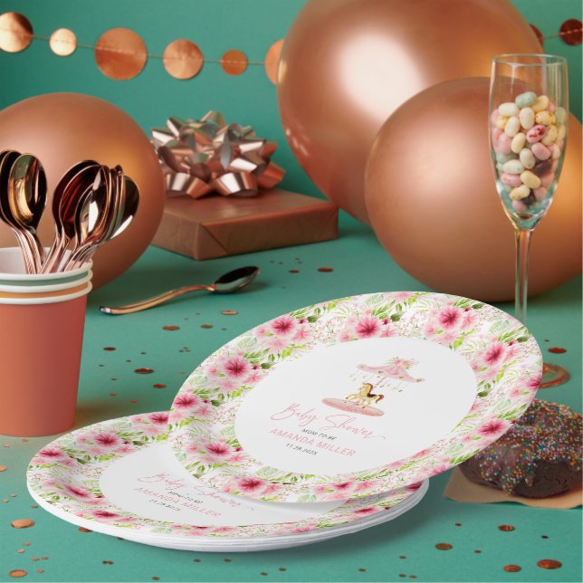 Cute Pink Floral Pony Carousel Paper Plates (Multi)