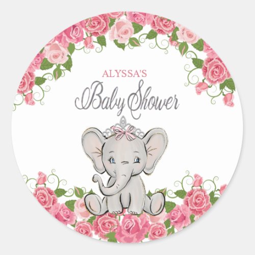 Cute Pink Floral Princess Elephant Baby Shower Classic Round Sticker