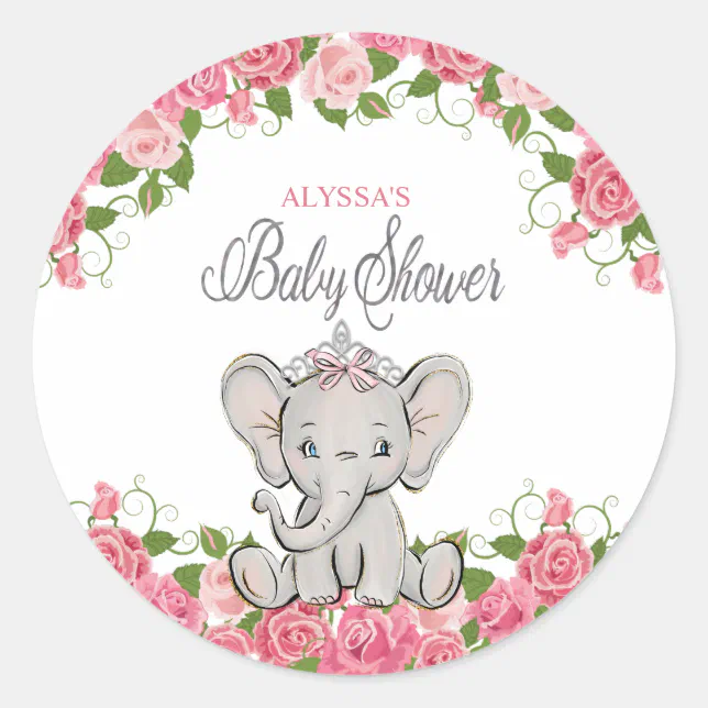 Cute Pink Floral Princess Elephant Baby Shower Classic Round Sticker ...
