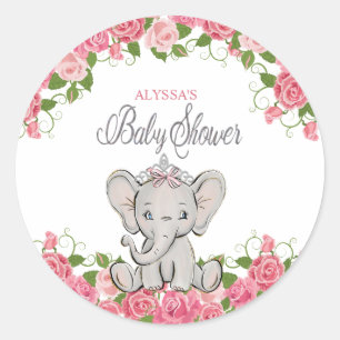 Cute Pink Floral Princess Elephant Baby Shower Classic Round Sticker
