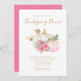Cute Pink Floral Pumpkin Thanksgiving Dinner Invit Invitation