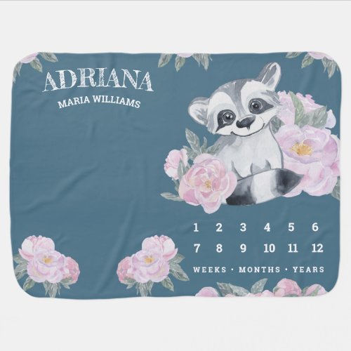 Cute Pink Floral Raccoon Dusty Blue Milestone Baby Blanket