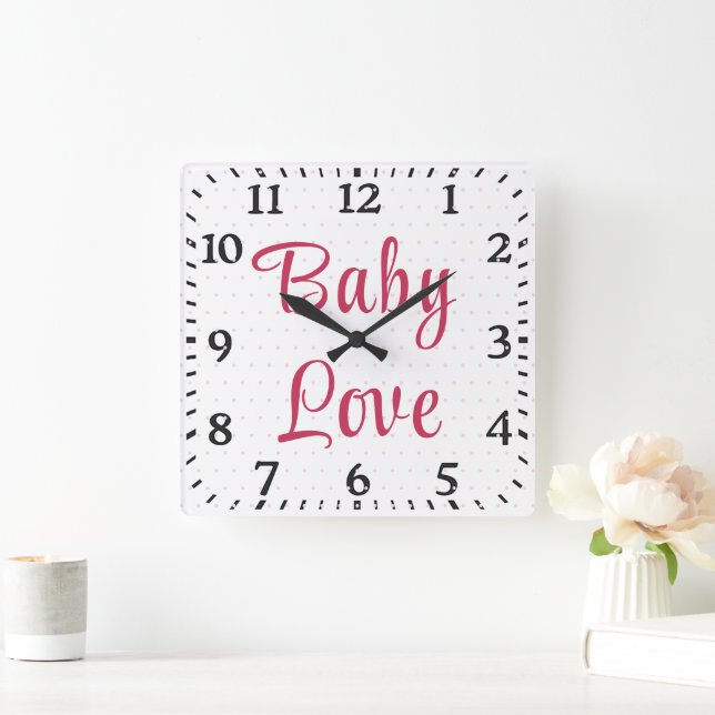  Cute Pink Floral Rose Polka Dot Baby Nursery  Square Wall Clock (Home)
