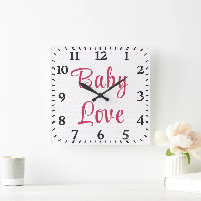 Pink Clock Square Cute Pink Floral Rose Polka Dot Baby Nursery Square Wall Clock | Zazzle